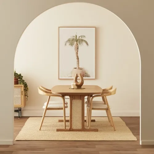 Wood Dining Set - Table With 4 Rattan Chairs